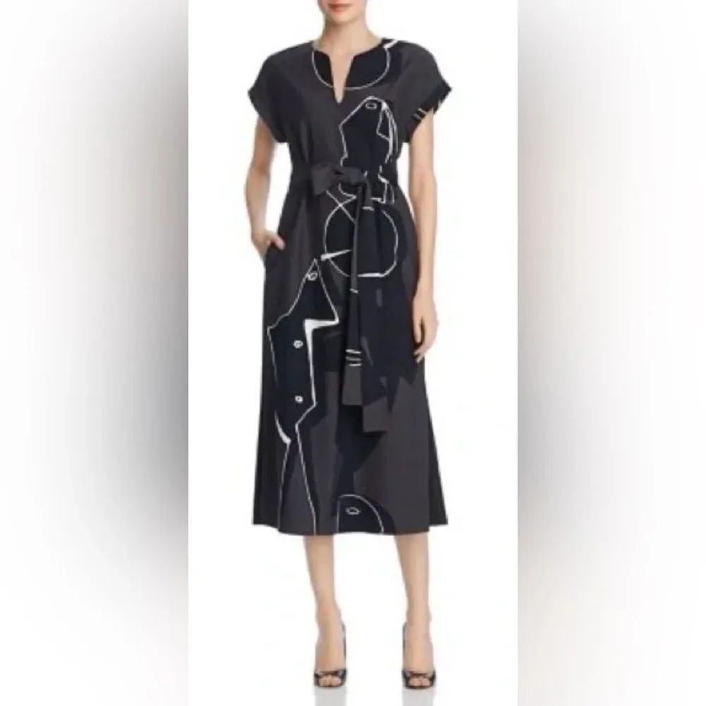 NWOT Lafayette 148 Cosimia Portrait Print Short Sleeve Belted Drape Cloth Dress